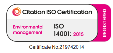 Certificate badge: Citation ISO Certification for Environmental Management, ISO 14001:2015, Registered; Cert No: 219742041.