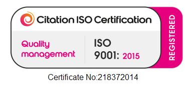 ISO 9001:2015 quality management certificate badge with Citation ISO Certification logo and a pink REGISTERED tab; Certificate No: 218372014.