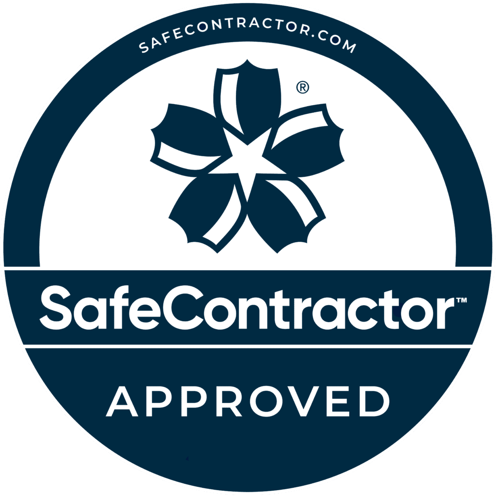 Acceptance seal reading SafeContractor Approved, indicating accreditation, in a dark blue circular badge